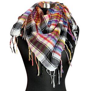 Lightweight Plaid Rainbow + Black Square Soft Casual Scarf Wrap Fringe Detail